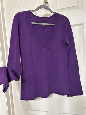 Takeout Purple V Neck Lightweight Sweater Soft Stretchy Cozy Flare Sleeve L